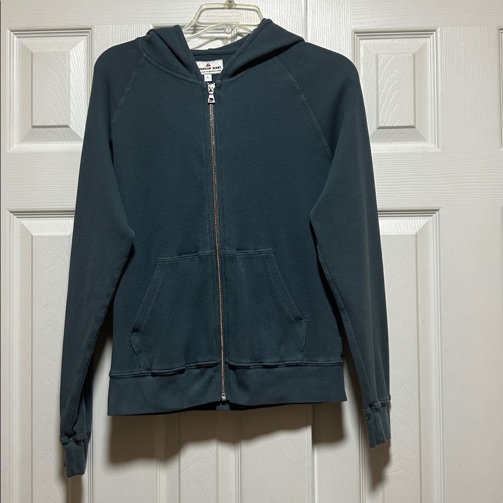American Giant Waffle Knit Thermal Full Zip Blue Hoodie Women's - Size Large